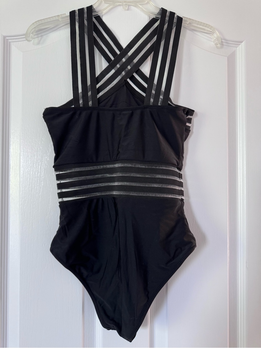 Black One Piece Swimsuit Strappy Back Mesh Cutout Waist Kenneth Cole Style Small - Picture 9 of 10